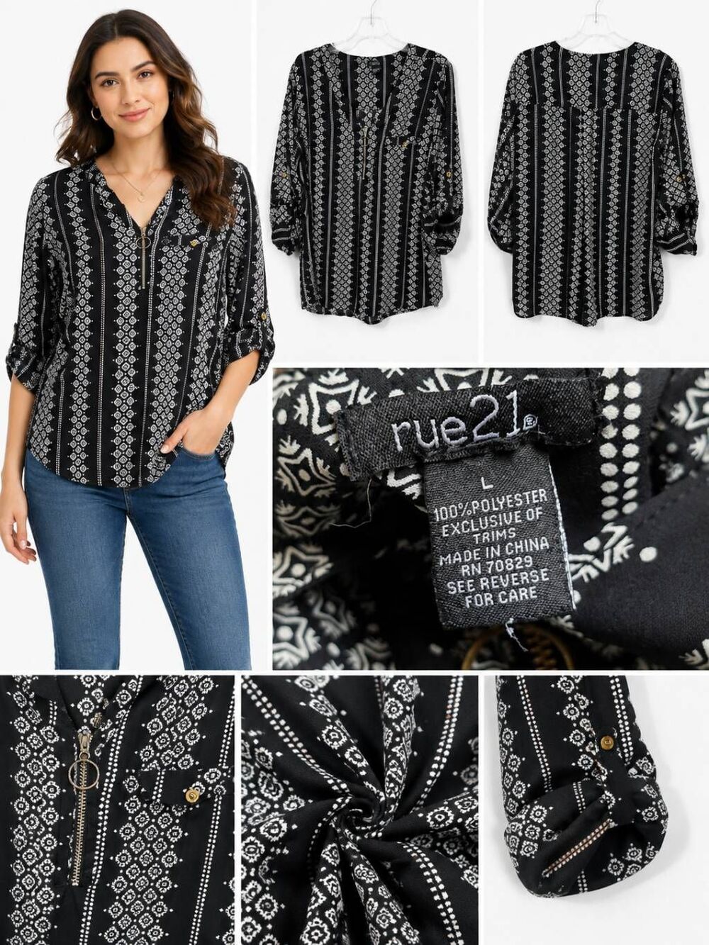 rue21 Size L Black White Geometric Zip Blouse